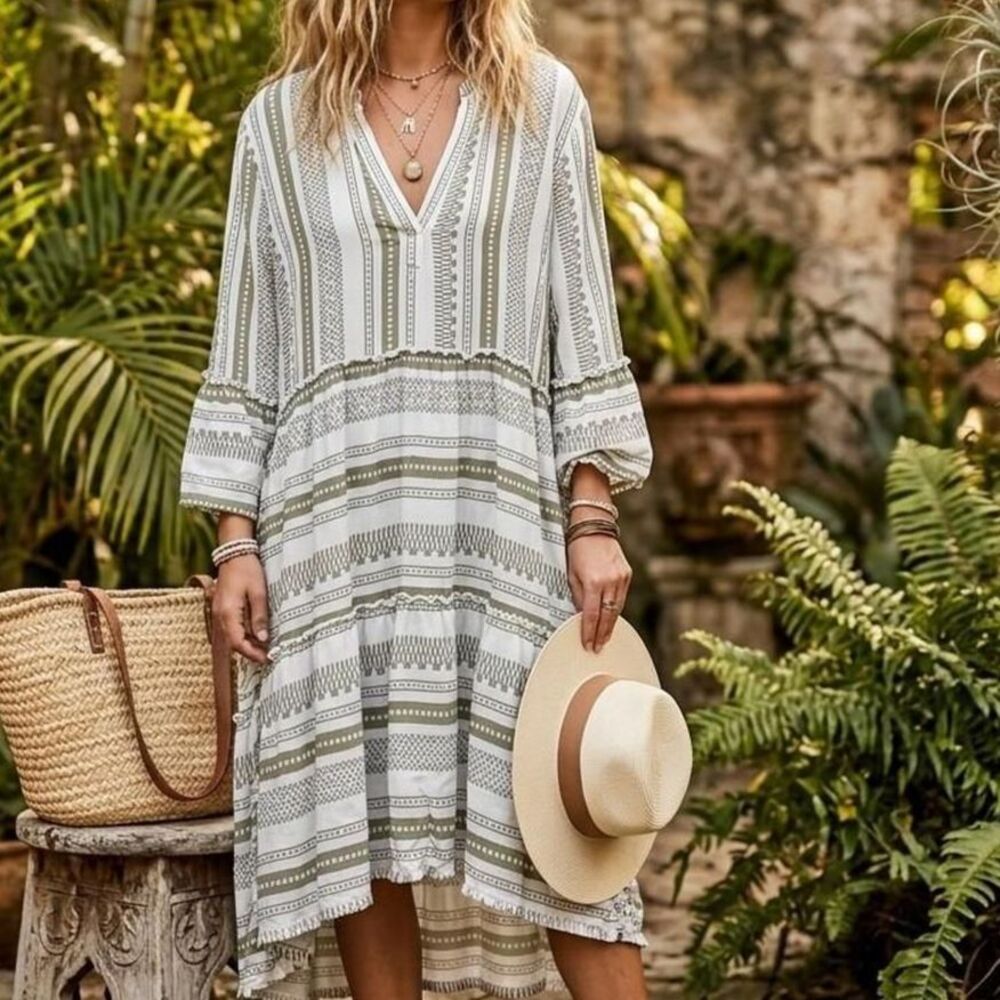 Boho Geometric Print Tiered Midi Dress Olive Green White Size L
